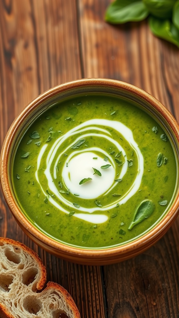 A bowl of creamy spinach soup garnished with cream and herbs, served with crusty bread on a rustic table.